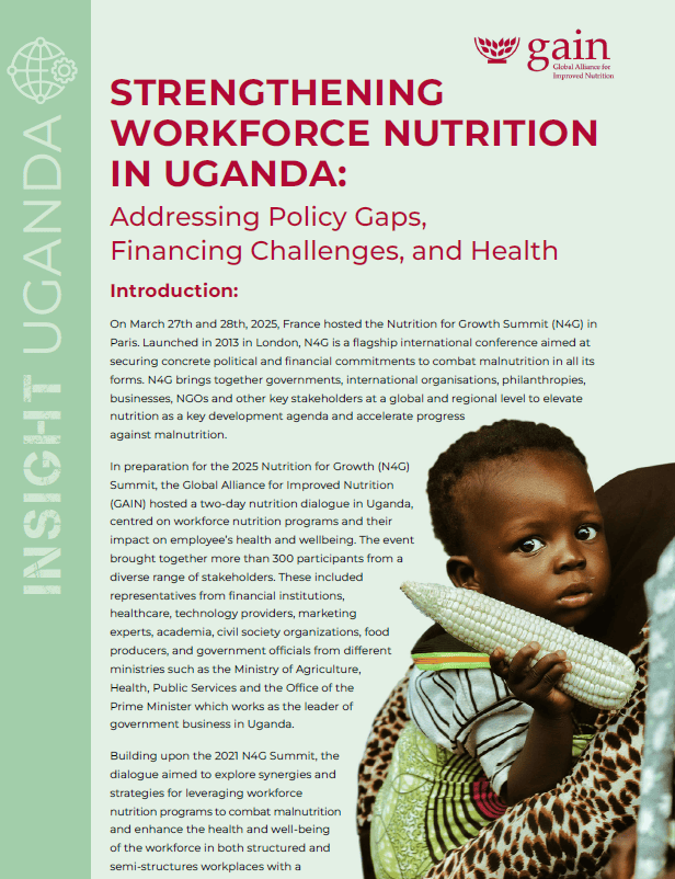 Child holding corn, promoting workforce nutrition and health in Uganda.